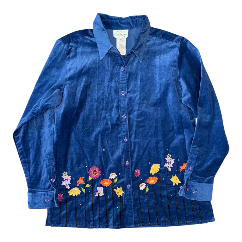 The Quaker Factory Button-Down Shirt, Large, Navy Blue with Floral Embroidery De - Picture 2 of 5